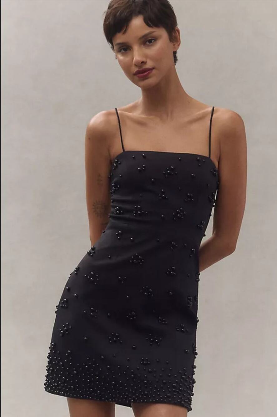 NEW NWT Bhldn Emerson Straight-Neck Pearl-Embellished Mini Dress Black M